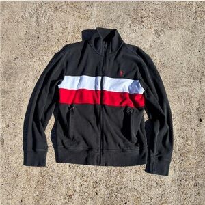Polo Ralph Lauren Black Zip-Up Sweater with Red and White Stripes